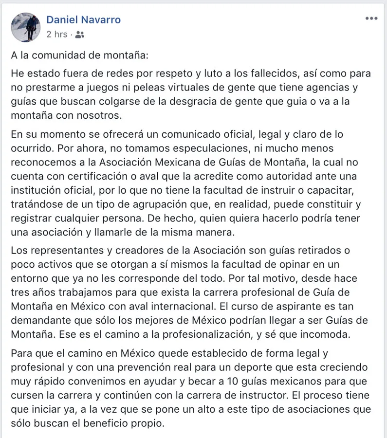 Imagen del archivo de «Daniel Navarro: se ofrecerá comunicado de lo ocurrido en Pico de Orizaba».