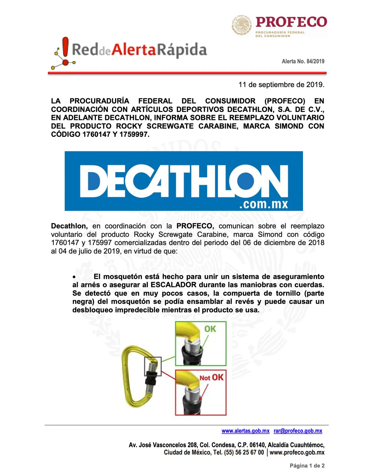 Imagen del archivo de «Profeco y Decathlon comunican reemplazo voluntario de mosquetón con fallo».