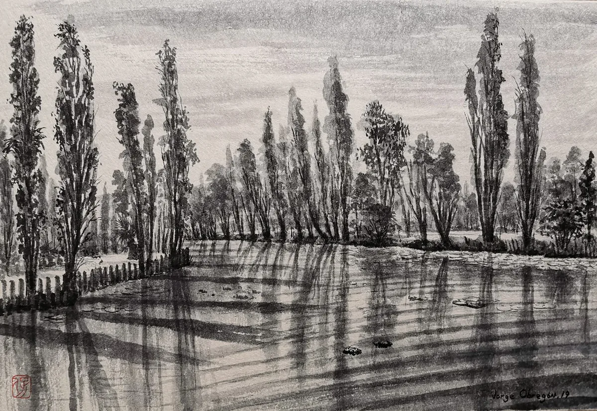 "Xochimilco", tinta japonesa sobre papel Kozo, de jorge obregón