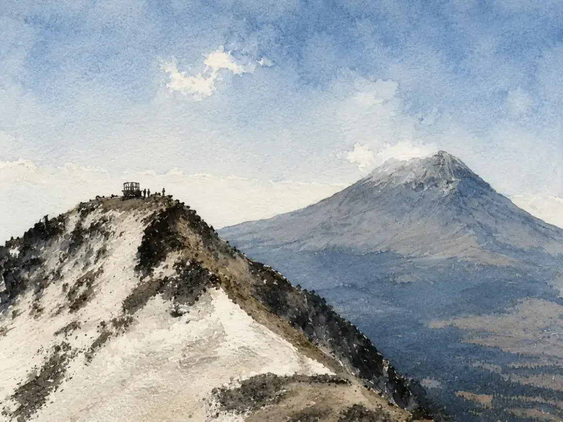 Ilustración de una cresta de montaña nevada y un volcán al fondo.