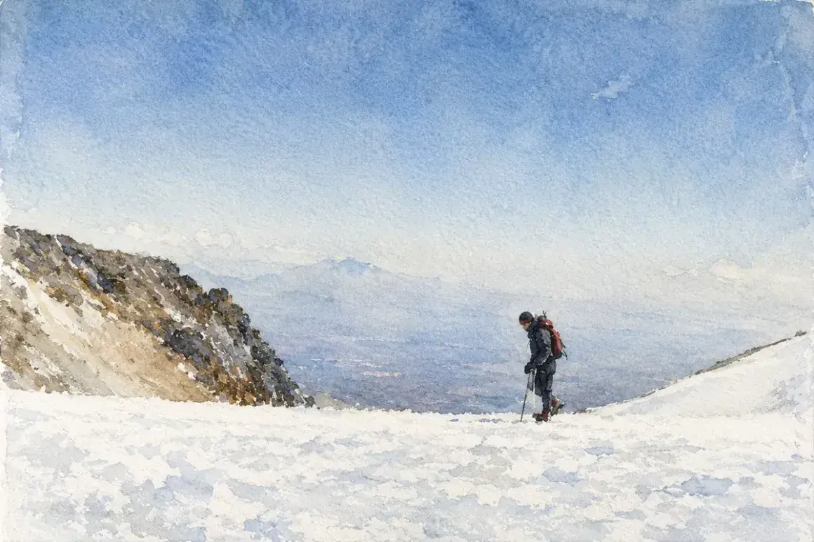Ilustración de una persona con mochila que cruza un paso nevado.