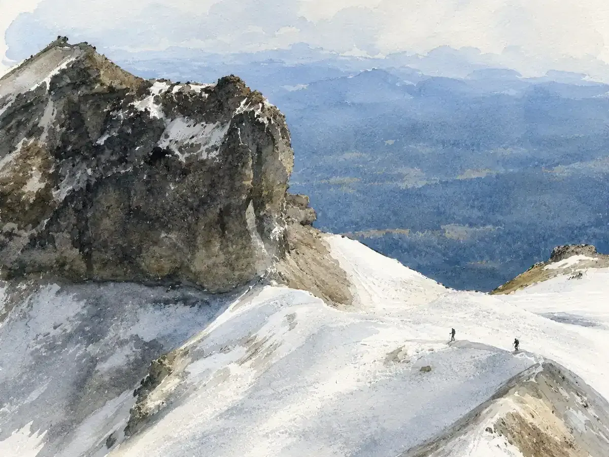Ilustración de una cresta rocosa y nevada con montañas al fondo.