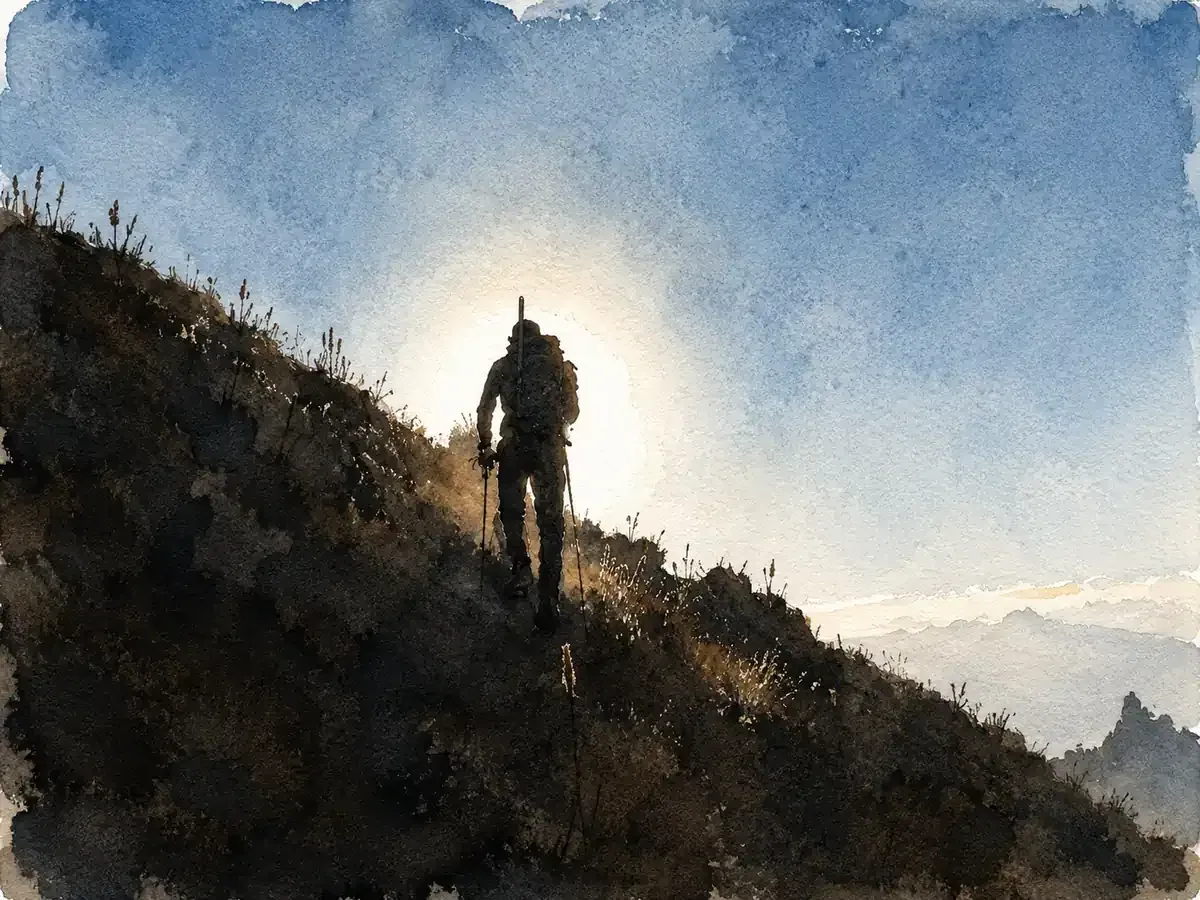 Ilustración de una persona con mochila que asciende una ladera bajo un cielo azul.