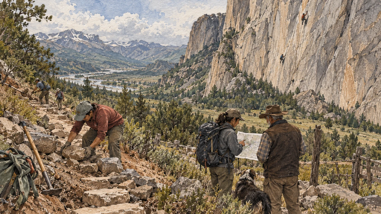 Ilustración en acuarela de voluntarios que reparan un sendero y revisan un mapa con un custodio del territorio, bajo una gran pared con escaladores.