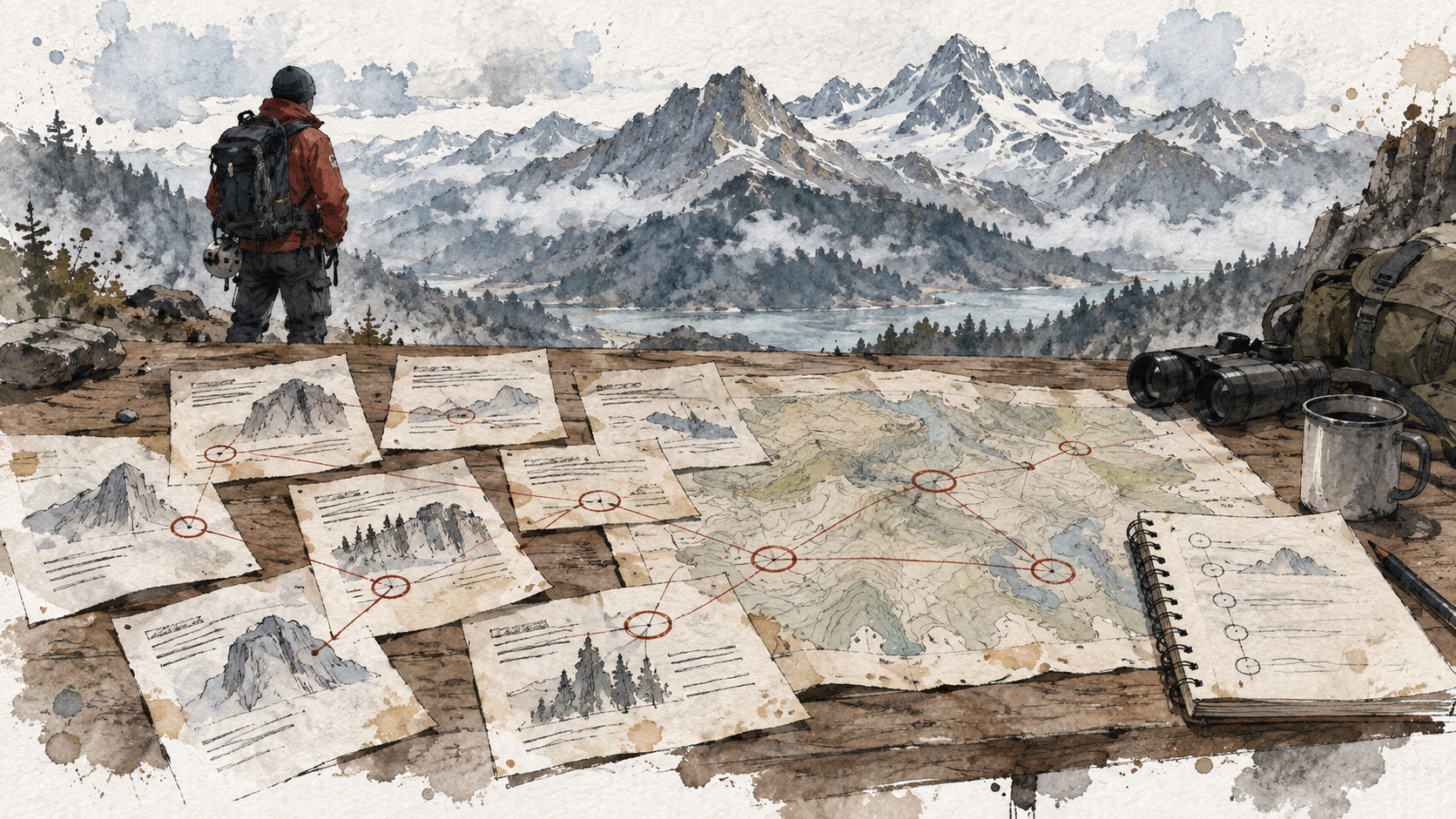 Ilustración en acuarela de un montañista frente a un paisaje alpino, con mapas y fichas conectadas sobre una mesa para comparar incidentes.