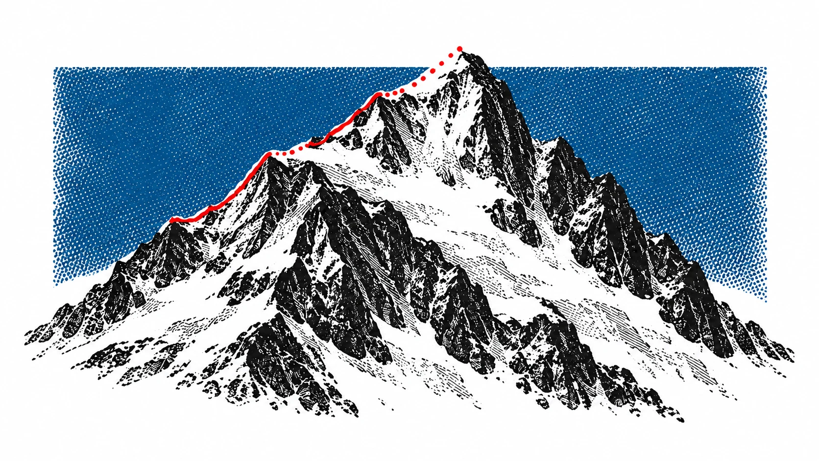 Ilustración gráfica de una cordillera nevada sobre fondo azul, con una línea roja que traza una ruta hacia la cumbre.