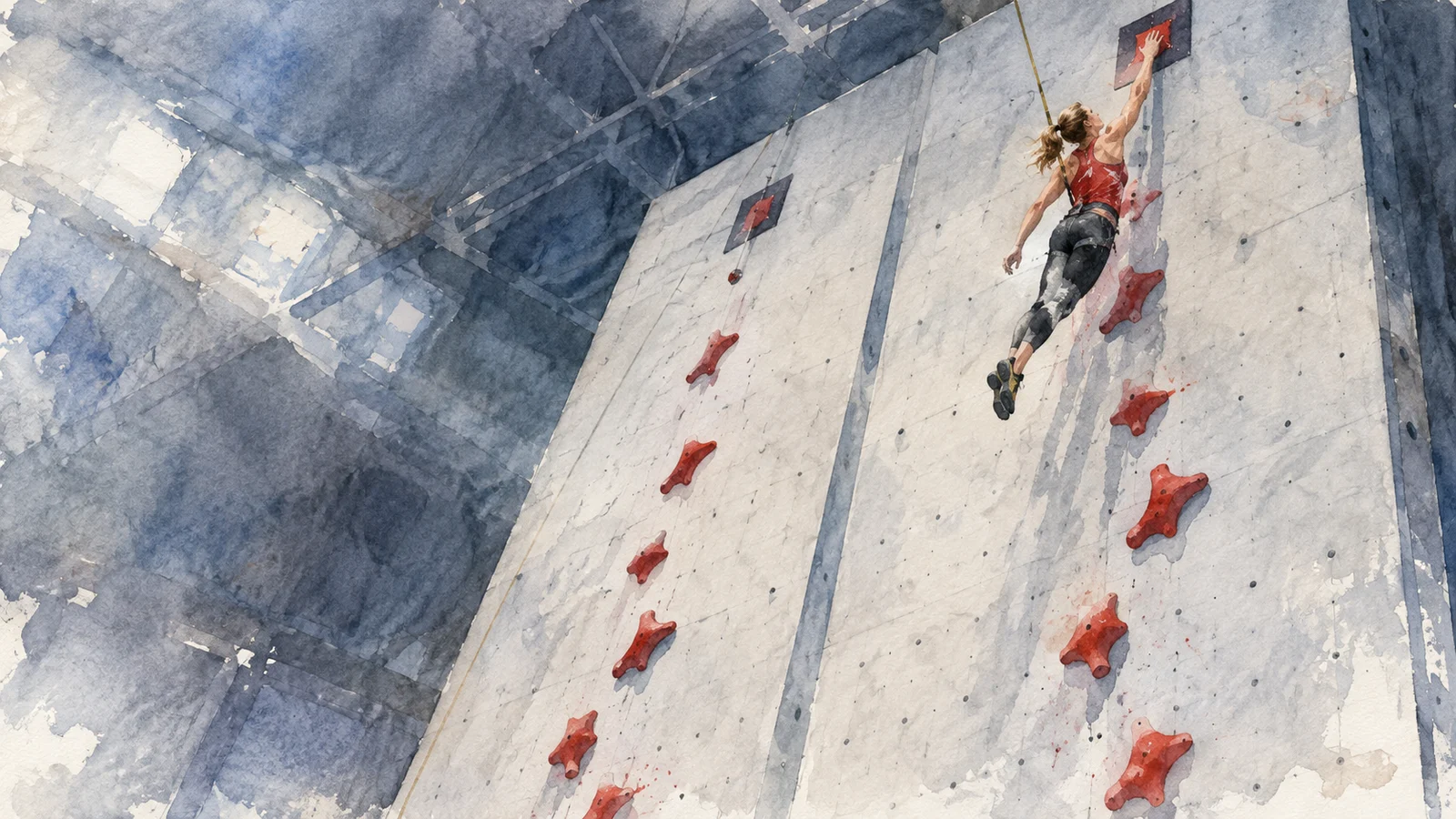 Ilustración en acuarela de una escaladora que toca el sistema de llegada en lo alto de un muro de velocidad, junto a un carril vacío.
