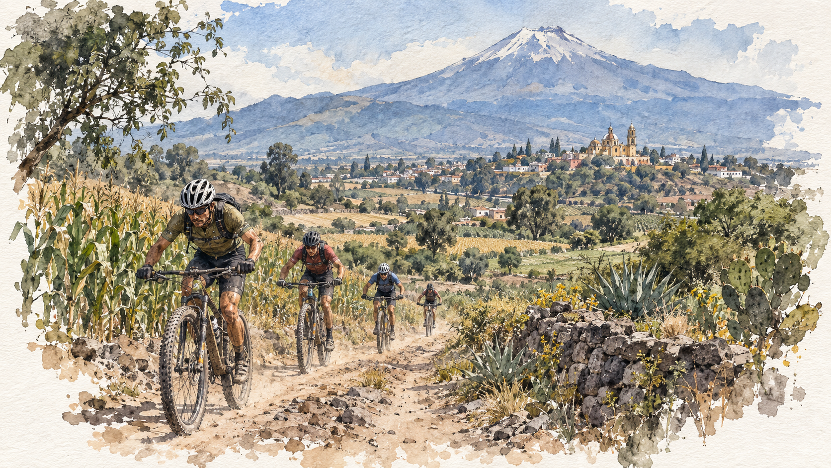 Ilustración en acuarela de ciclistas de montaña subiendo un sendero pedregoso entre maíz, magueyes y nopales, con Atlixco y el Popocatépetl al fondo.