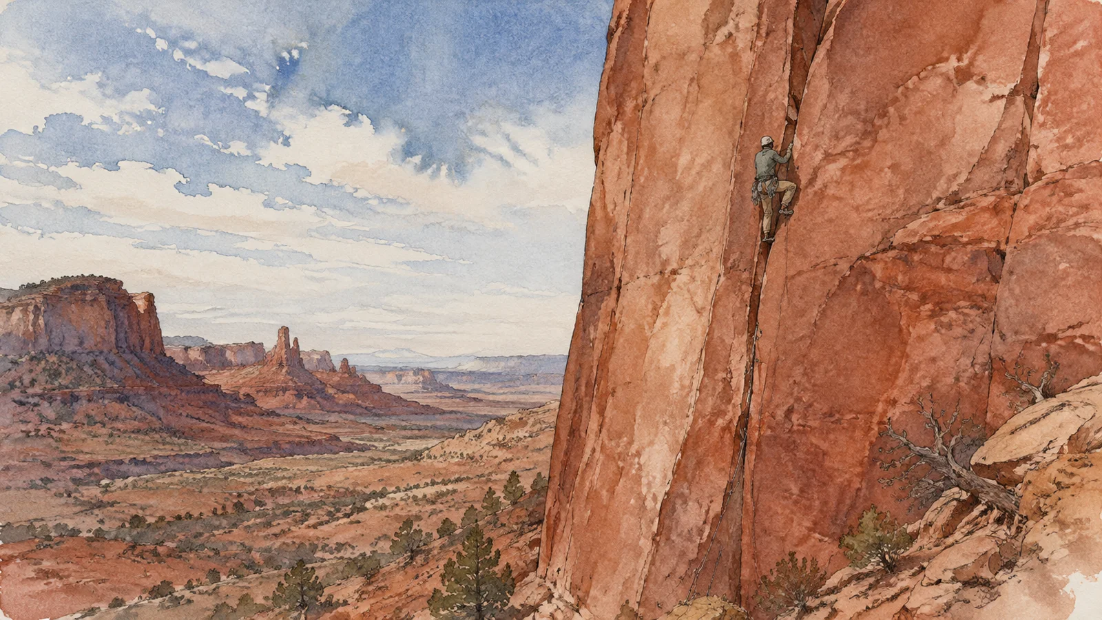 Ilustración en acuarela de una persona escalando una fisura de arenisca sobre el paisaje desértico de Bears Ears, Utah.