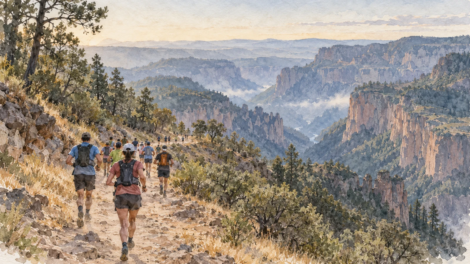 Un grupo de corredores avanza por un sendero de montaña entre pinos, con las Barrancas del Cobre extendiéndose al fondo.