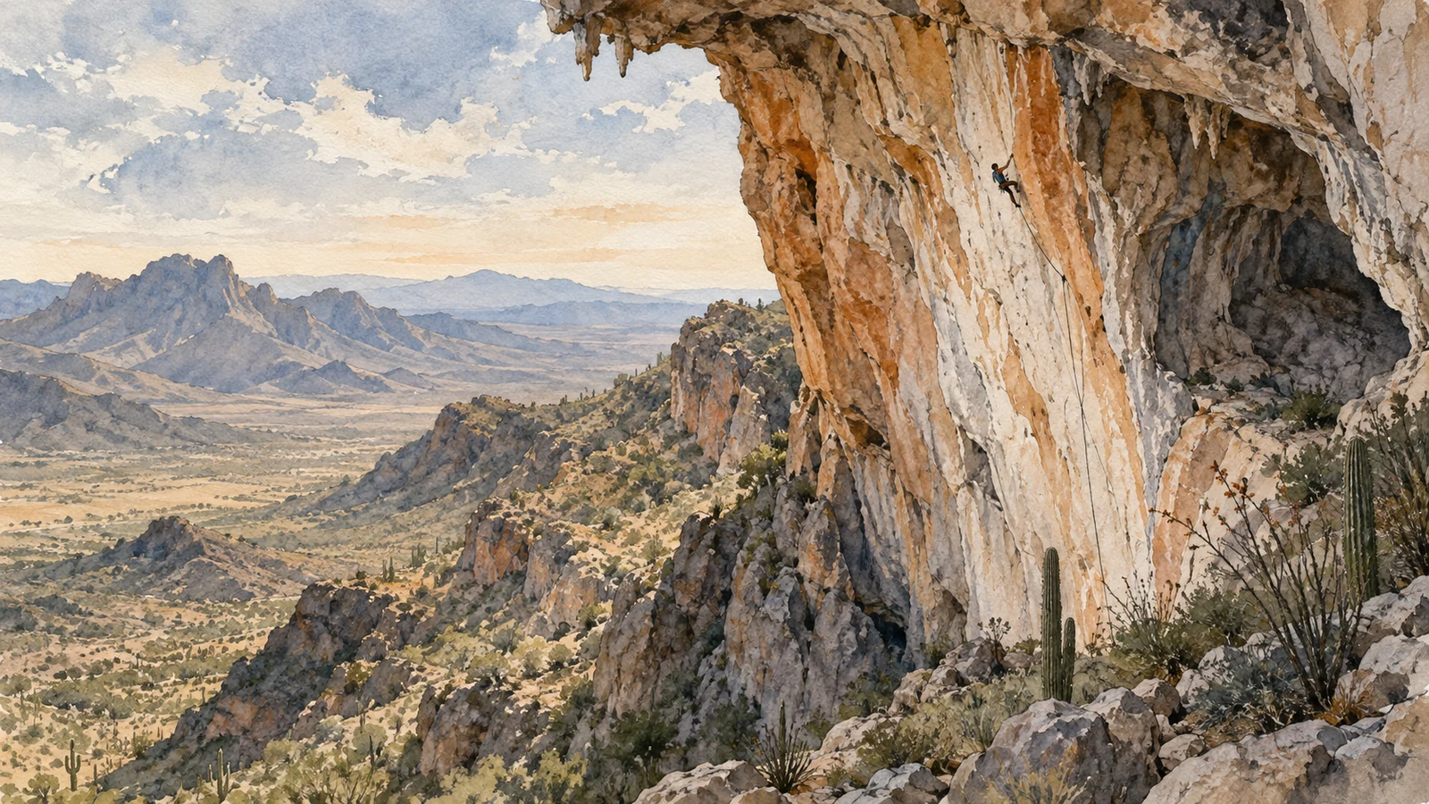 Ilustración en acuarela de una persona escalando, pequeña en la distancia, una gran pared caliza naranja y blanca sobre el desierto de Arizona.