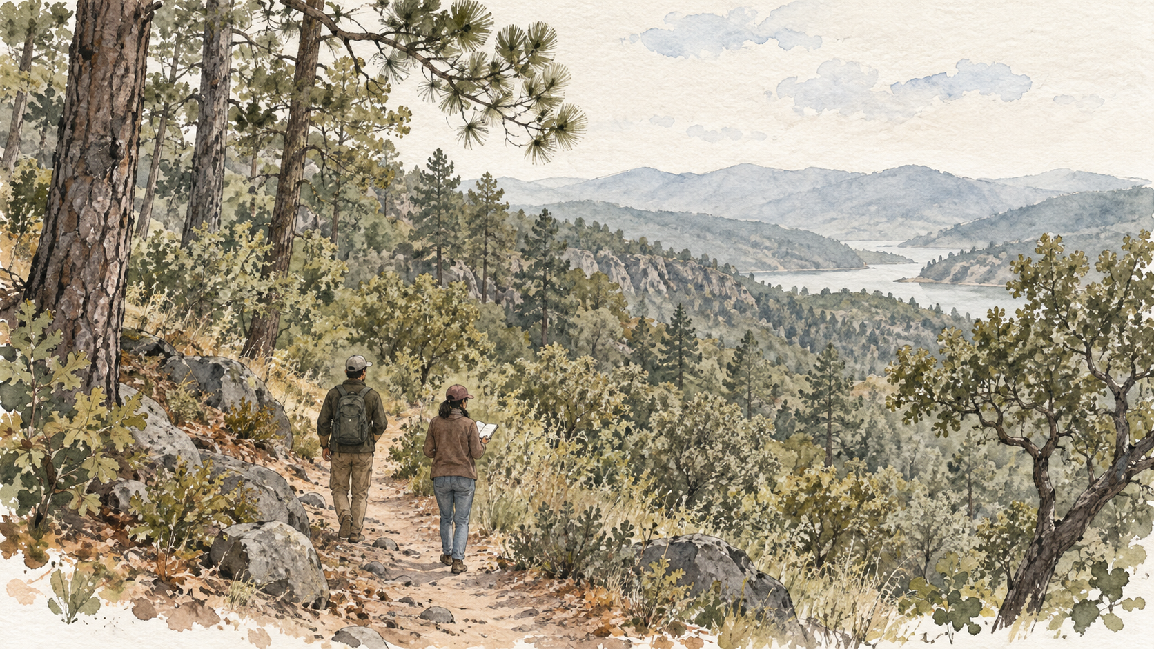 Ilustración de dos personas que caminan por un sendero boscoso; una consulta una libreta frente al paisaje.