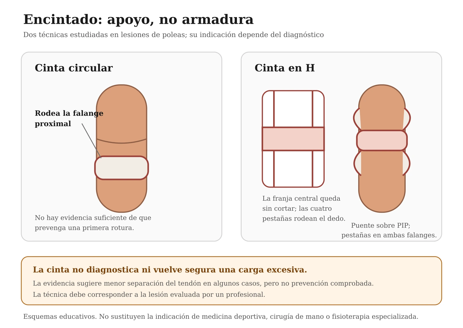 Esquema comparativo de cinta circular alrededor de la falange proximal y cinta en H con un puente sobre la articulación PIP y pestañas en ambas falanges.