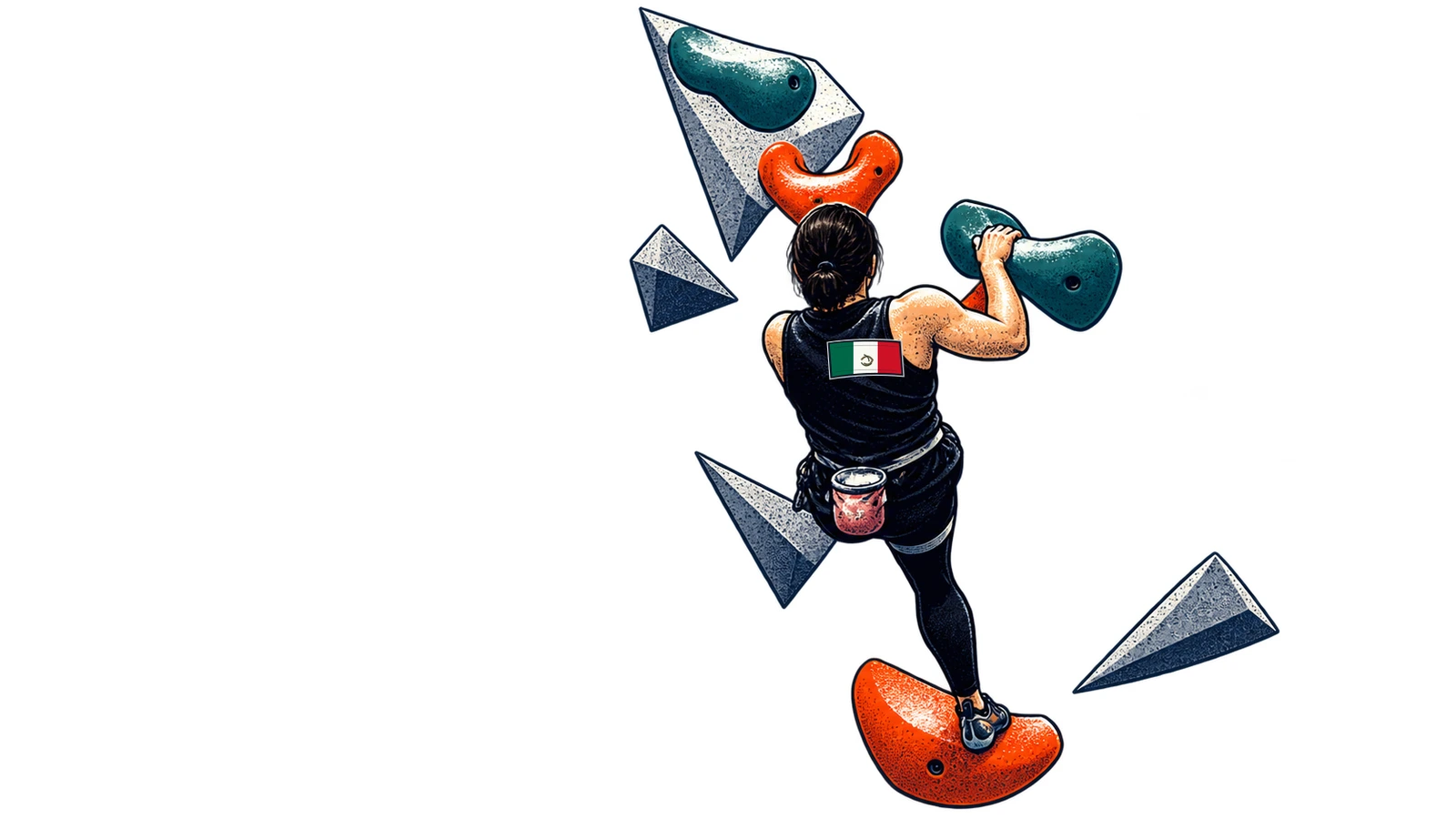 Ilustración Riso de Erika García de espaldas en un muro de escalada, con una bandera mexicana en la camiseta.