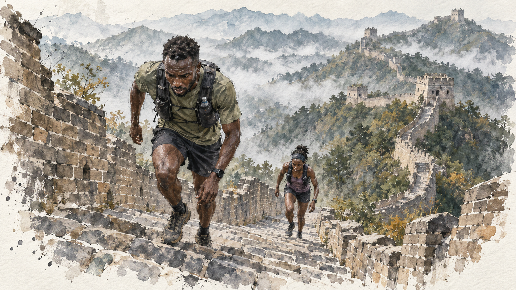 Ilustración en acuarela de dos corredores ascendiendo por las escalinatas de la Gran Muralla en Jinshanling.
