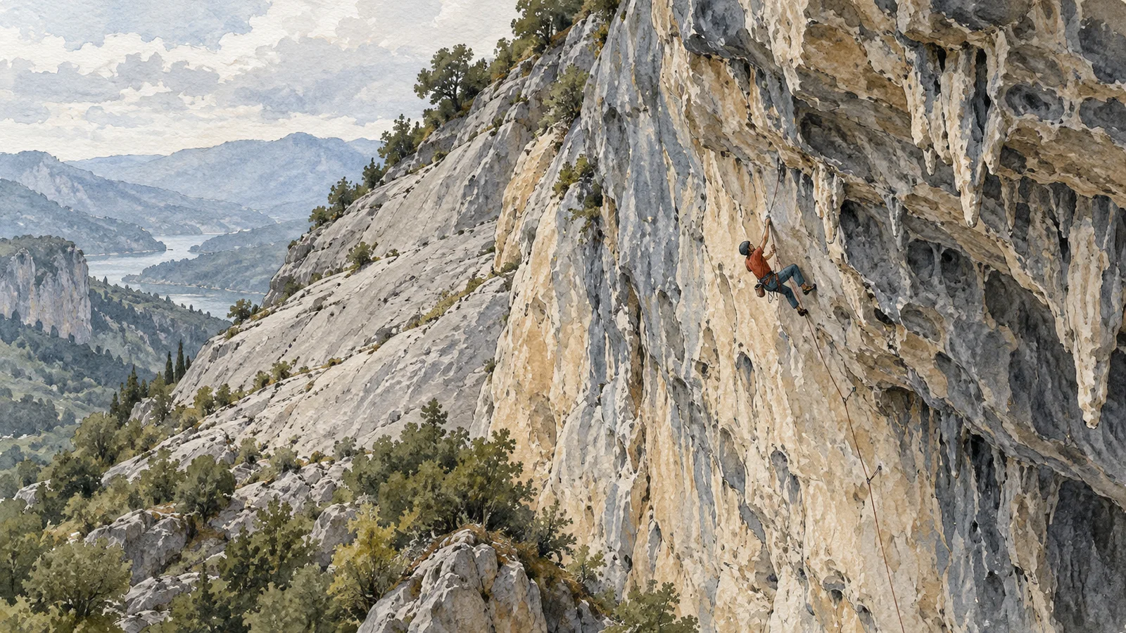 Ilustración en acuarela de una escaladora en una pared caliza que cambia de placa tendida a un gran desplome, con montañas al fondo.