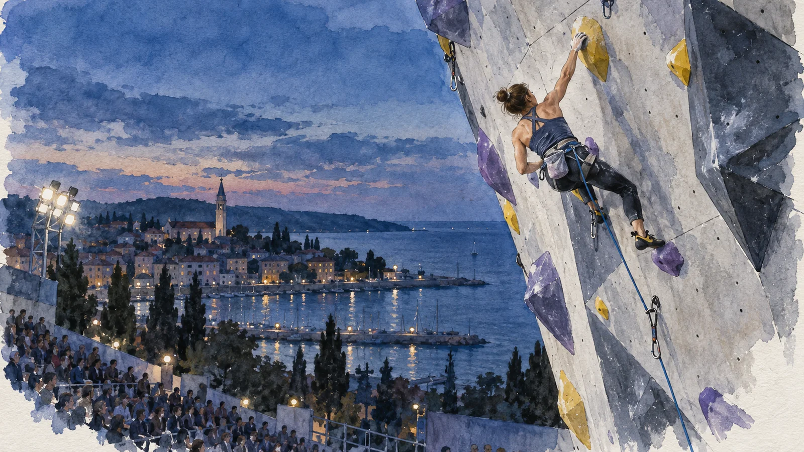 Ilustración en acuarela de una escaladora de dificultad en un muro de competencia al anochecer, con Koper y el Adriático al fondo.