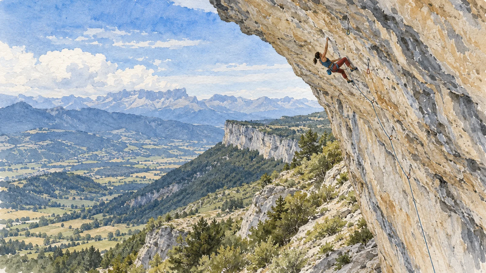 Ilustración en acuarela de una escaladora en un desplome calizo de Céüse, con el valle y las montañas al fondo.