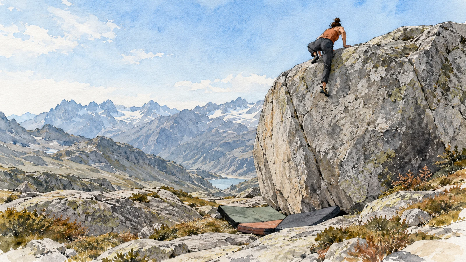 Ilustración en acuarela de una escaladora realizando un mantle sobre un bloque de granito en un paisaje alpino, con crash pads en la base.