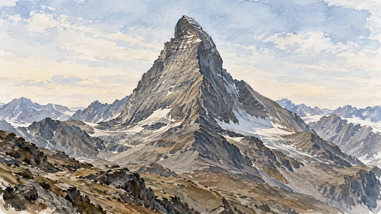 Ilustración en acuarela del Matterhorn con la roca oscura expuesta y sólo pequeñas franjas de nieve residual al final del verano.