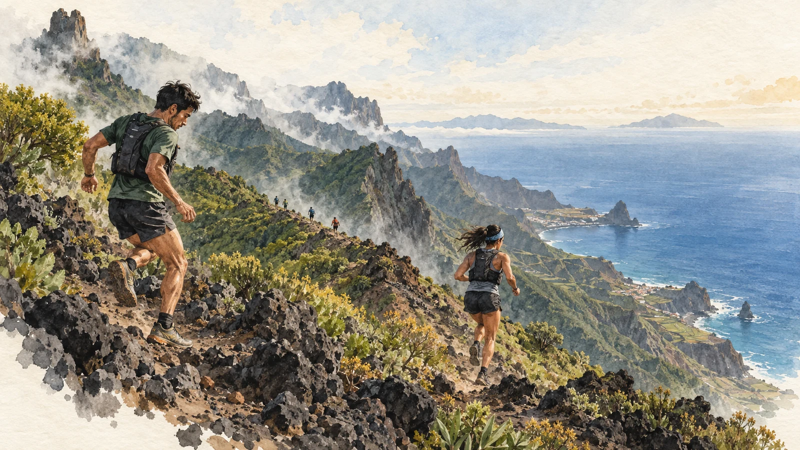 Ilustración en acuarela de una corredora y un corredor avanzando por una cresta volcánica de La Gomera, con el Atlántico al fondo.