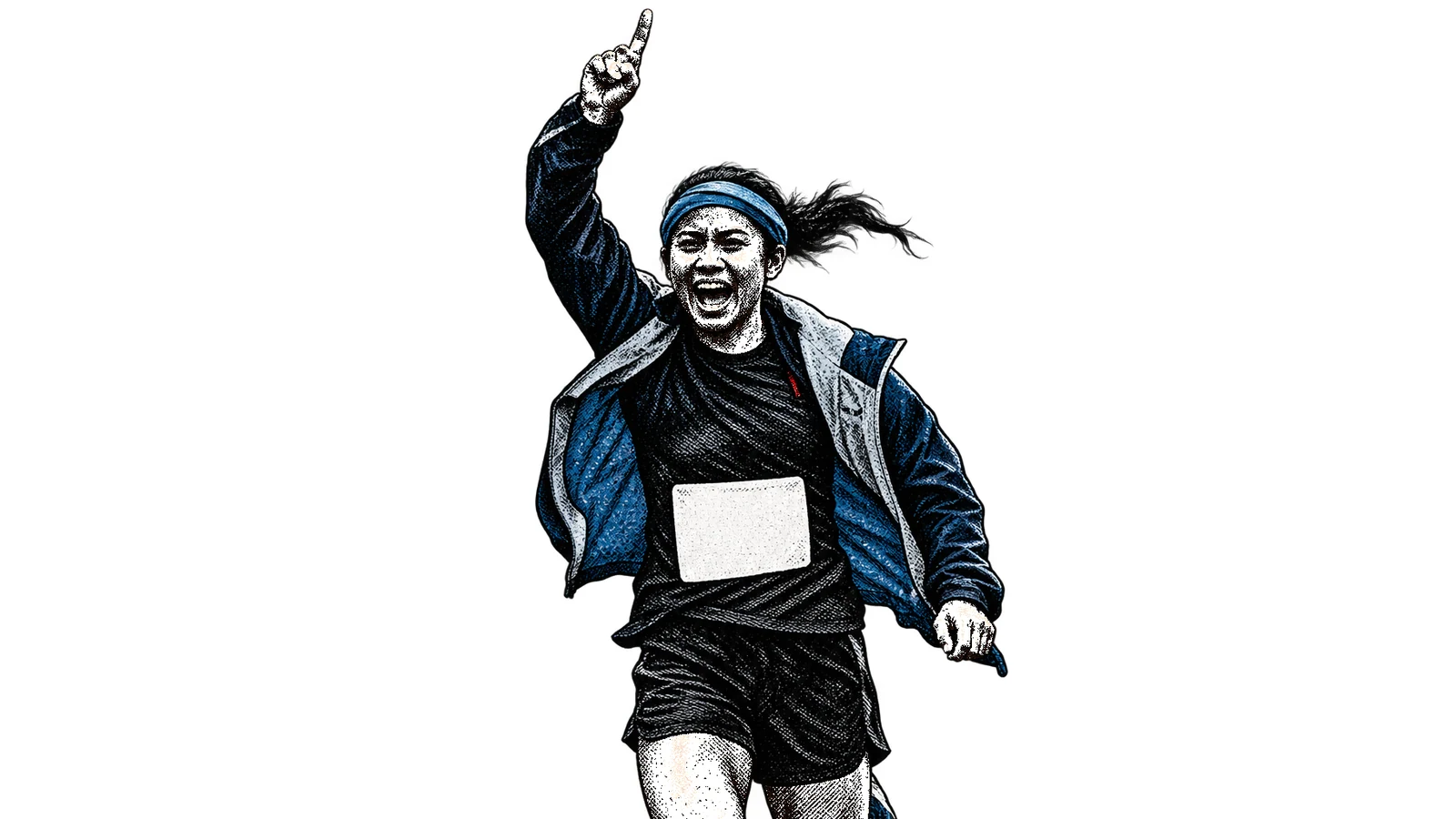 Ilustración editorial de Miriam Morales corriendo hacia la cámara con la mano derecha levantada.