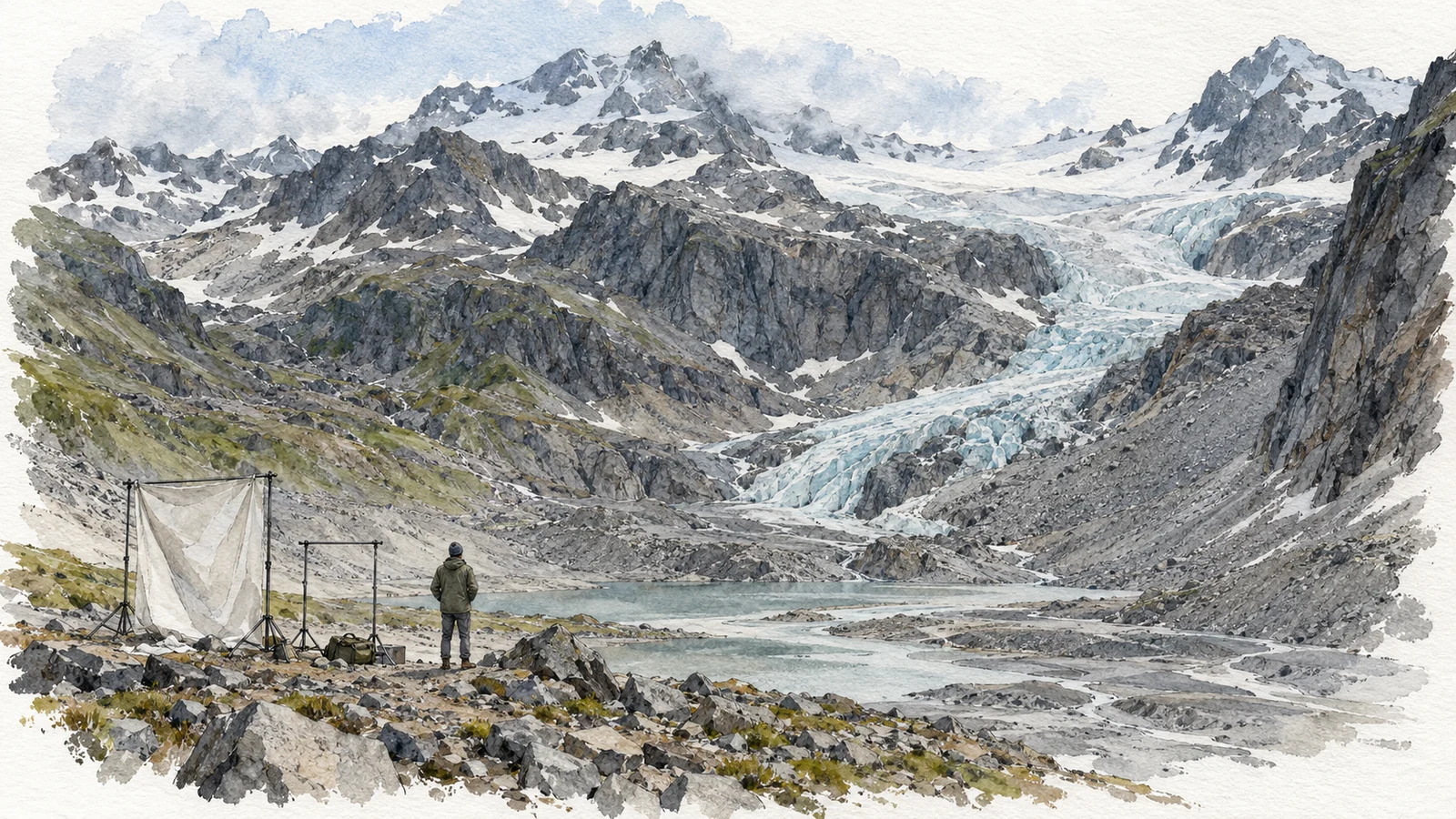 Una persona observa un paisaje alpino de roca y hielo junto a un set fotográfico desmontado y un perchero vacío.