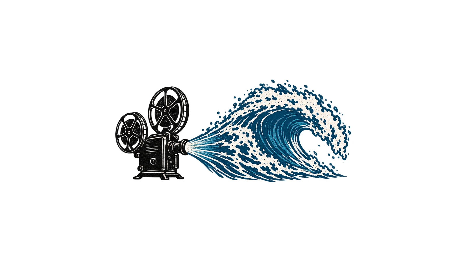 Ilustración editorial de una cámara de cine y una ola sobre fondo claro.