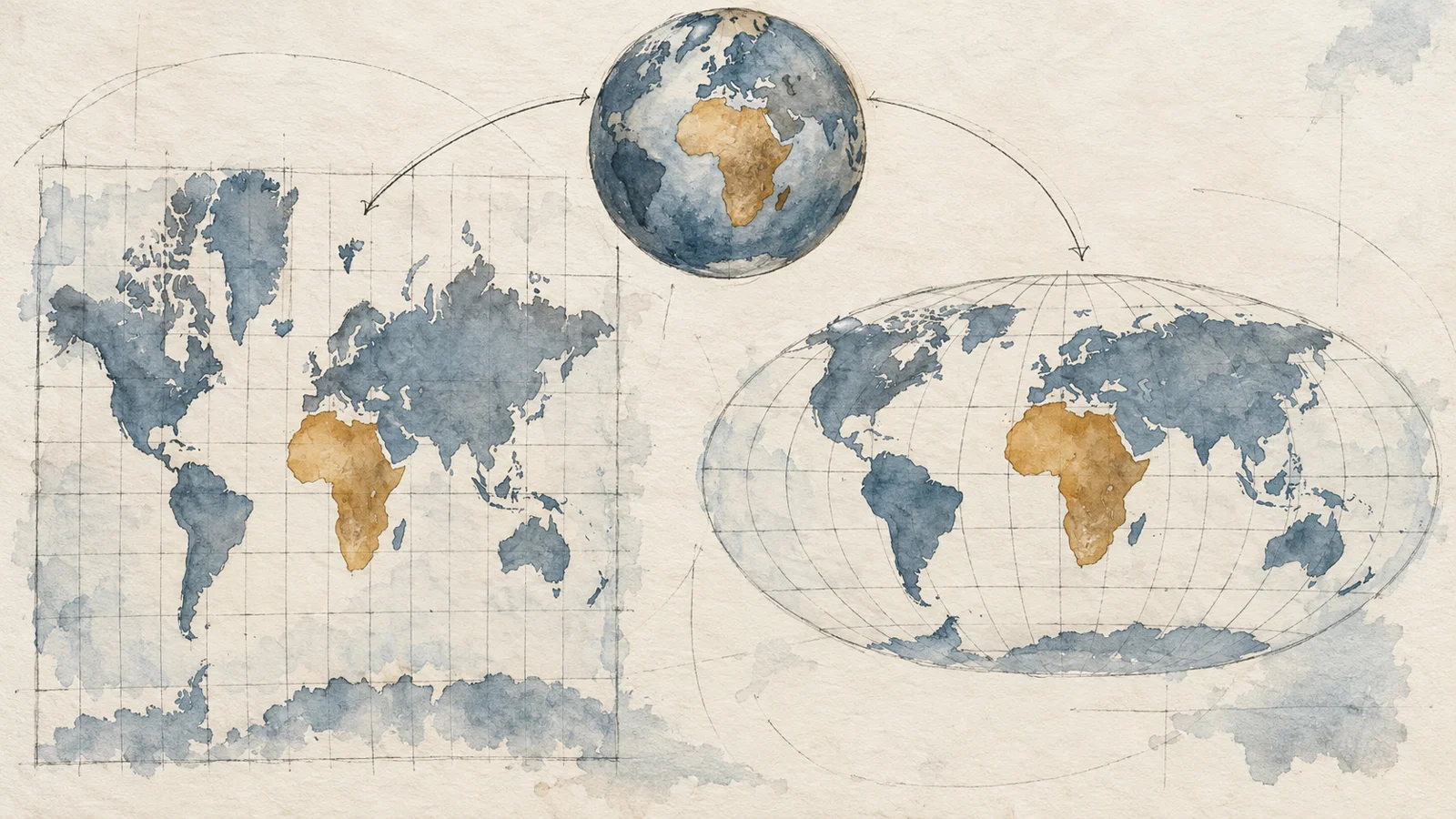 Ilustración en acuarela de un globo terráqueo y dos mapamundis con proyecciones distintas, con África destacada en ocre.
