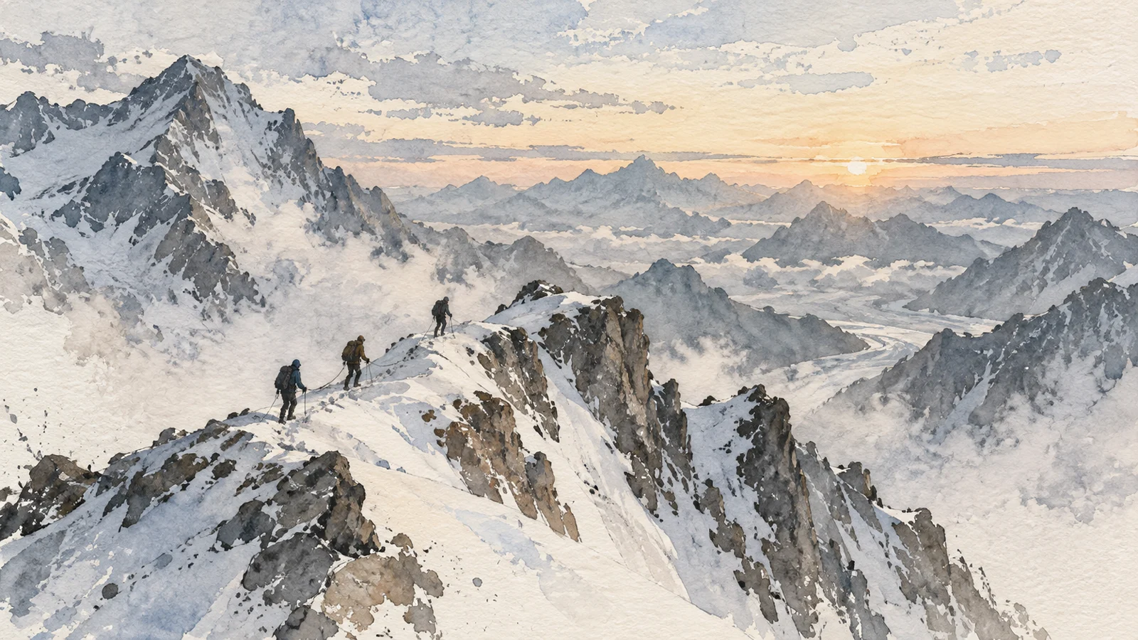 Ilustración en acuarela de tres alpinistas encordados que avanzan por una arista de nieve y roca, rodeados por un paisaje de alta montaña.