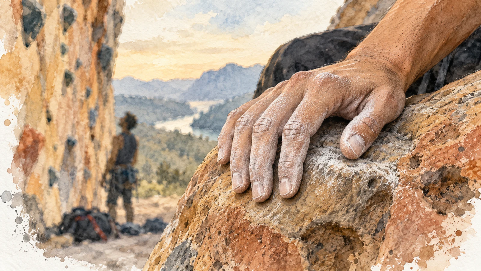 Ilustración en acuarela de la mano sana y con magnesio de una persona escaladora, descansando relajada sobre una presa de roca.