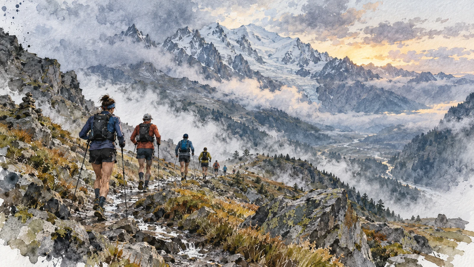Ilustración en acuarela de varios corredores de trail avanzando por un sendero alpino frente al macizo del Mont Blanc después de una tormenta.