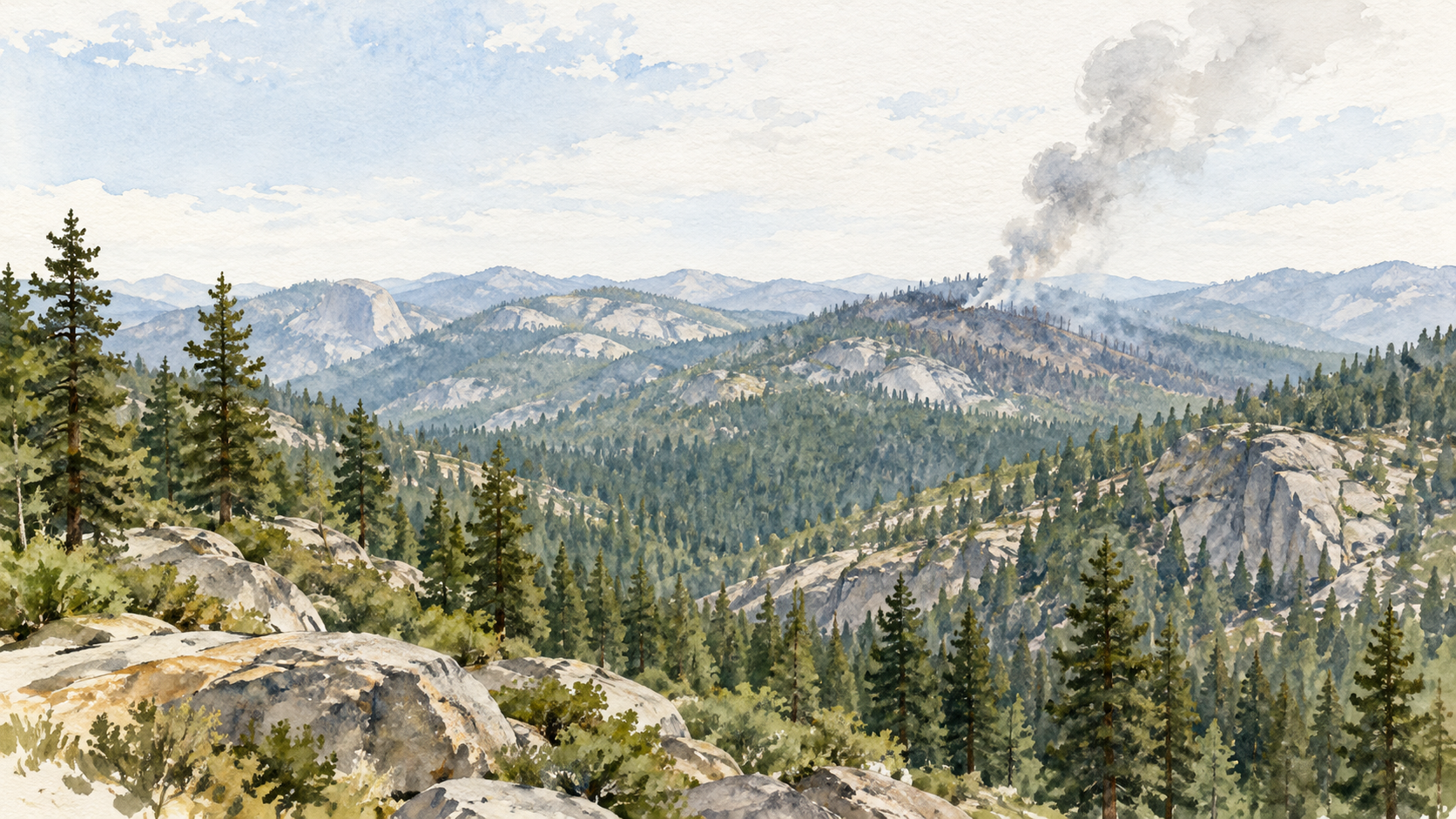 Acuarela interpretativa de bosque y roca granítica en una sierra con humo en una ladera lejana; no representa una ubicación exacta ni una vista documental del incendio.