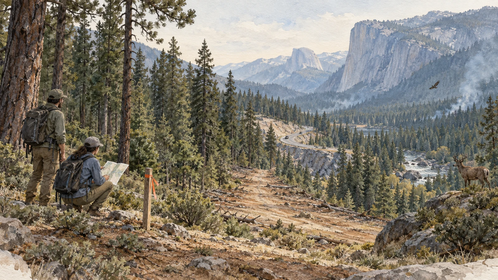 Ilustración en acuarela de dos personas observando un corredor abierto entre el bosque y una carretera en un paisaje de Yosemite.