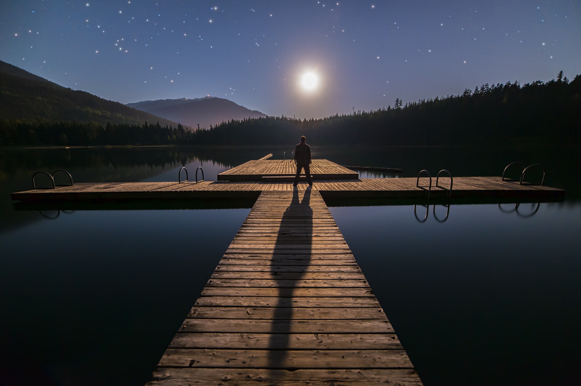 Man Looking At Moon on Dock in Whistler